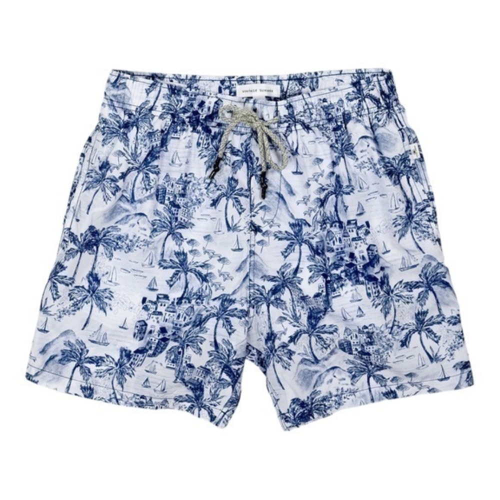 Vintage Summer Ponji Blue Swimming Trunks Quick-Dry Volley Shorts Old City Print